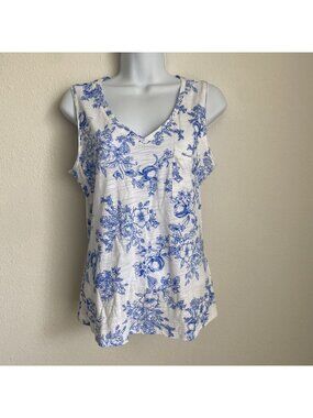 Dept222 Womens Small Tank White w Blue Floral Fruit Orange Blossom